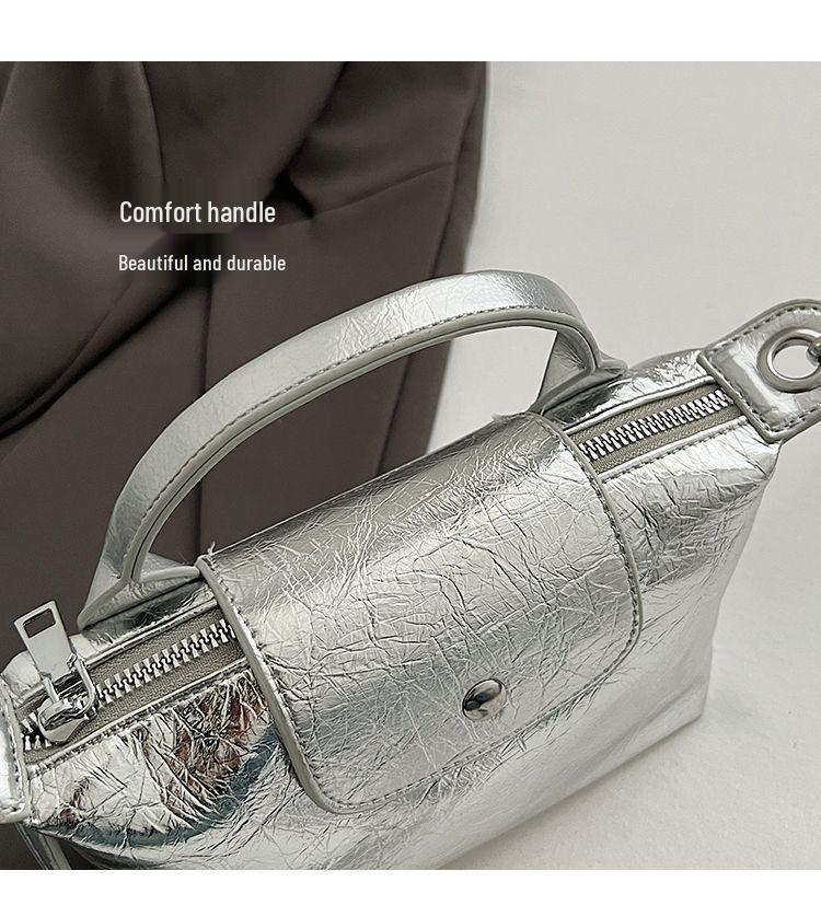Women's 2024 Silver Textured Dumpling Shoulder Bag - Versatile Summer Crossbody Handbag
