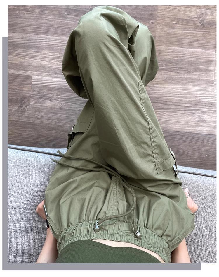 Pantalon cargo pour femme à séchage rapide, taille haute avec cordon de serrage - Vert militaire, Été décontracté, Jambe large style parachute de randonnée