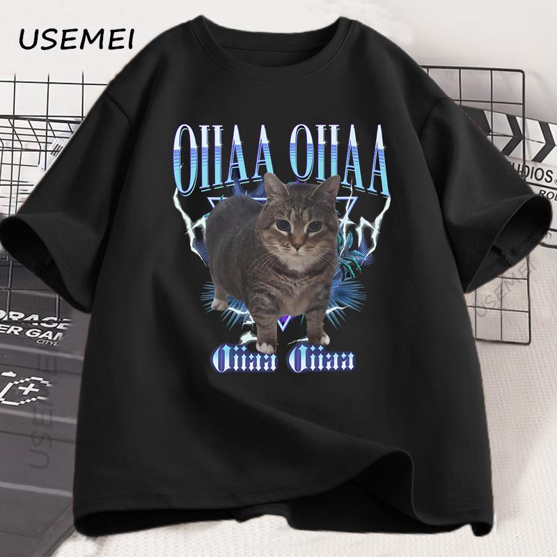 Spinning Cat Meme Funny Oiia Cat T-shirt Men Women Harajuku Round Neck Short Sleeve Tee Shirt Men's Clothing Streetwear Tops