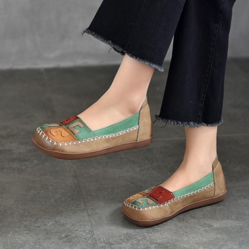 Johnature Vintage Mieszane Kolory Ręcznie Robione Damskie Buty Miękka Podeszwa Płytkie Prawdziwej Skóry Kwadratowe Noski Płaskie Buty
