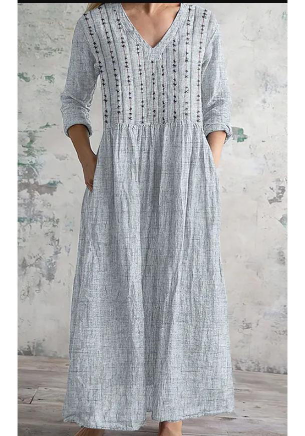 Ladies light gray washed V-neck seven-quarter sleeve long dress hem flower embroidery loose pleated side holiday dress