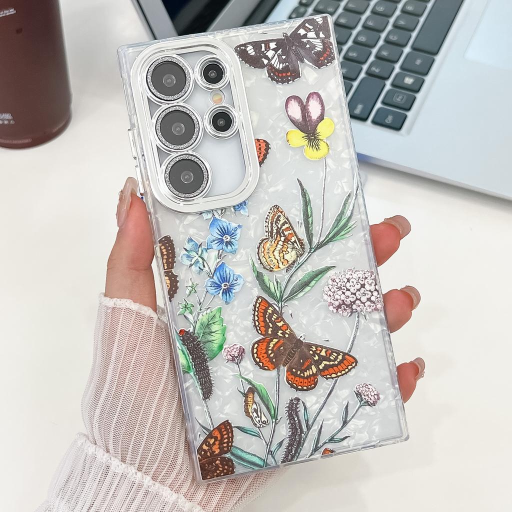 Suitable for Samsung S25 Ultra Mobile Phone Case Electroplated Flower and Grass S24FE with Bracelet Flash Powder Lens Film A56 Protective Case