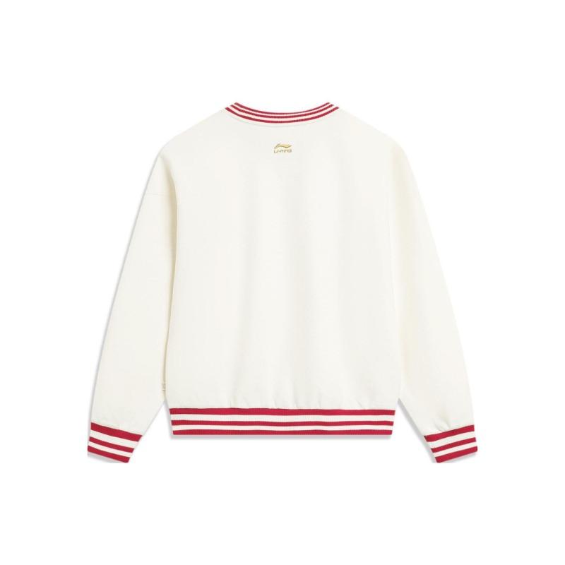 Li Ning Rising Fortune Series Printed Striped Crew Neck Pullover Sweatshirt Women Sweatshirt Off-White AWDU034-5
