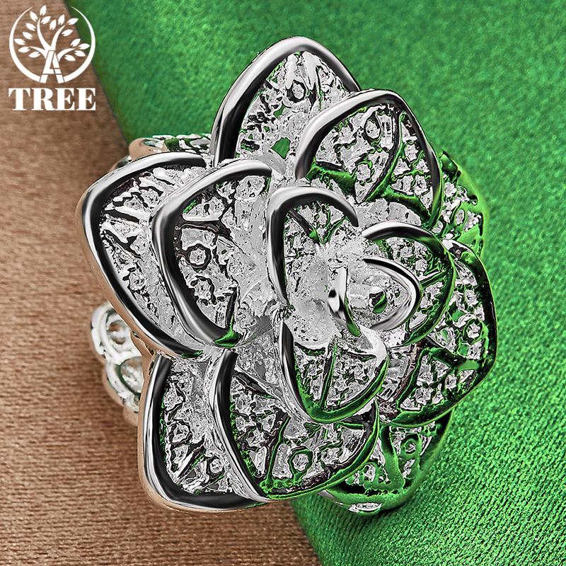 925 Sterling Silver Rose Flower Adjustable Opening Rings For Women Party Birthday Engagement Wedding Fashion Charm Jewelry Gift
