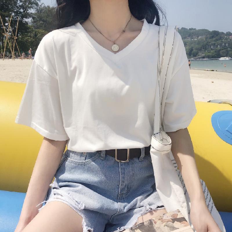 Solid Color V-neck Loose Casual Short-sleeved T-shirt for Women's Summer Clothing Korean Style Student Tops Women's Base Shirt Women's Clothing