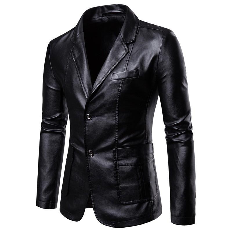Mens PU Leather Blazer Jacket Slim Fit Casual Single-Breasted Coat