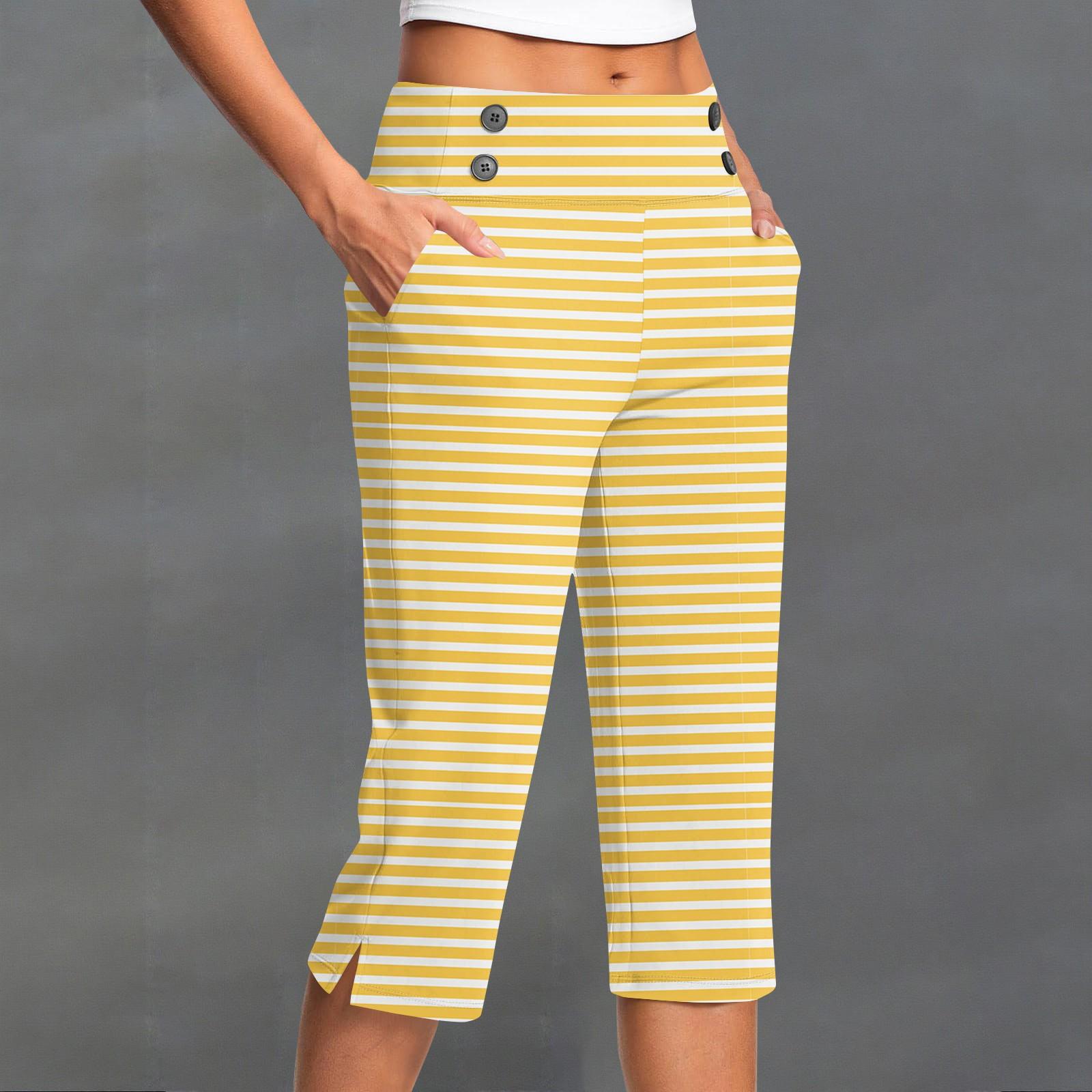 

Женские модные полосатые брюки с пуговицами и карманами, с разрезом, с высокой посадкой, спортивные, для йоги, повседневные, укороченные XL жёлтый
