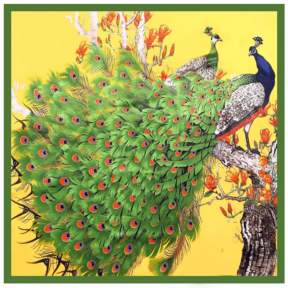 90cm Spring Summer Imitation Silk Square Peacock Headscarf Wrap Scarf Women's Shawl Bandana Female Head Hijab