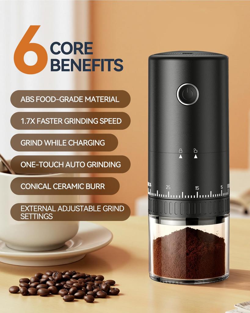 first coffee mill that can grind coffee while equipped with 38 levels of adjustable speed grinding function and ceramic corn and a large 2000mAh