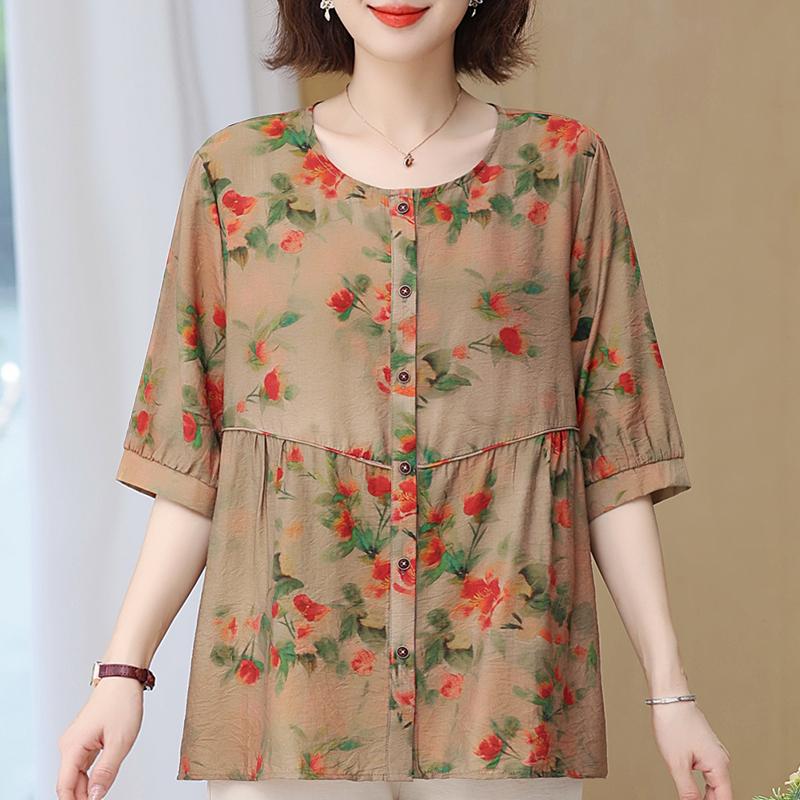 

Большой размер 4XL-8XL Летние повседневные блузки Женские топы Свободная винтажная одежда Оверсайз рубашка с рукавом до локтя 8XL темные хаки