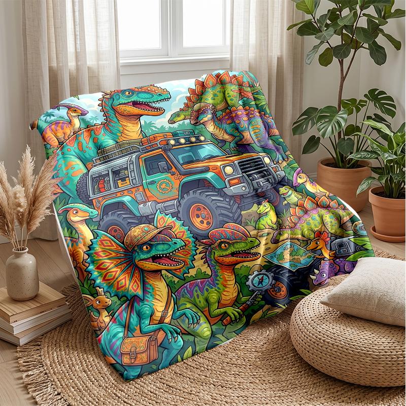 Dinosaur Driving Off-Road with Lightning Blanket Personalized Name Flannel Blanket Soft Cozy Plush Throw for Sofa Bed Lightweight Home Decor
