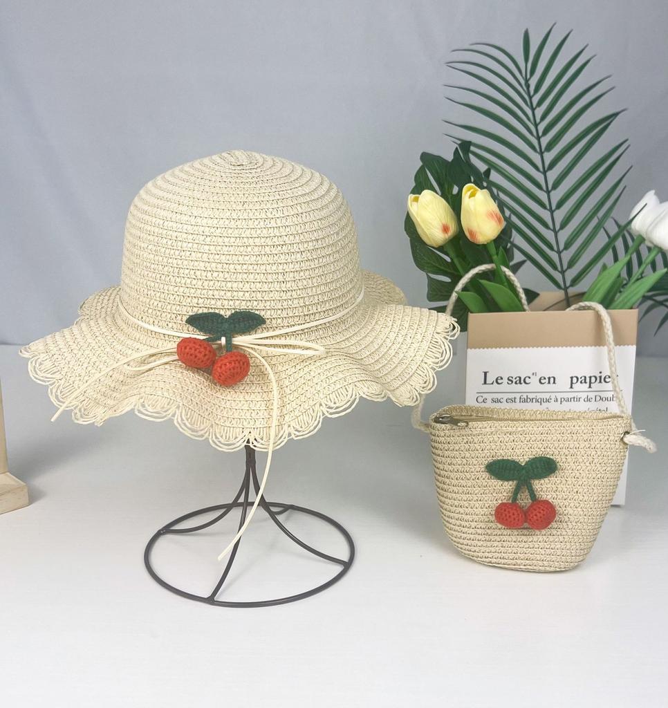 Children Straw Hat + Shoulder Bag Summer Kids Girl Baby 2pcs Set Cute Cherry Bucket Hat For Outdoor Beach Holiday