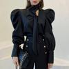 Women Vintage Luxury Chic Satin Shirt Korean Office Lady Ribbon Design Elegant Blouse Spring Autumn Solid Long Sleeve Slim Tops