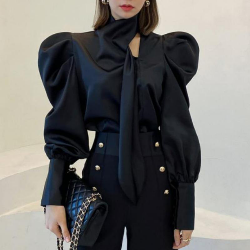 Women Vintage Luxury Chic Satin Shirt Korean Office Lady Ribbon Design Elegant Blouse Spring Autumn Solid Long Sleeve Slim Tops