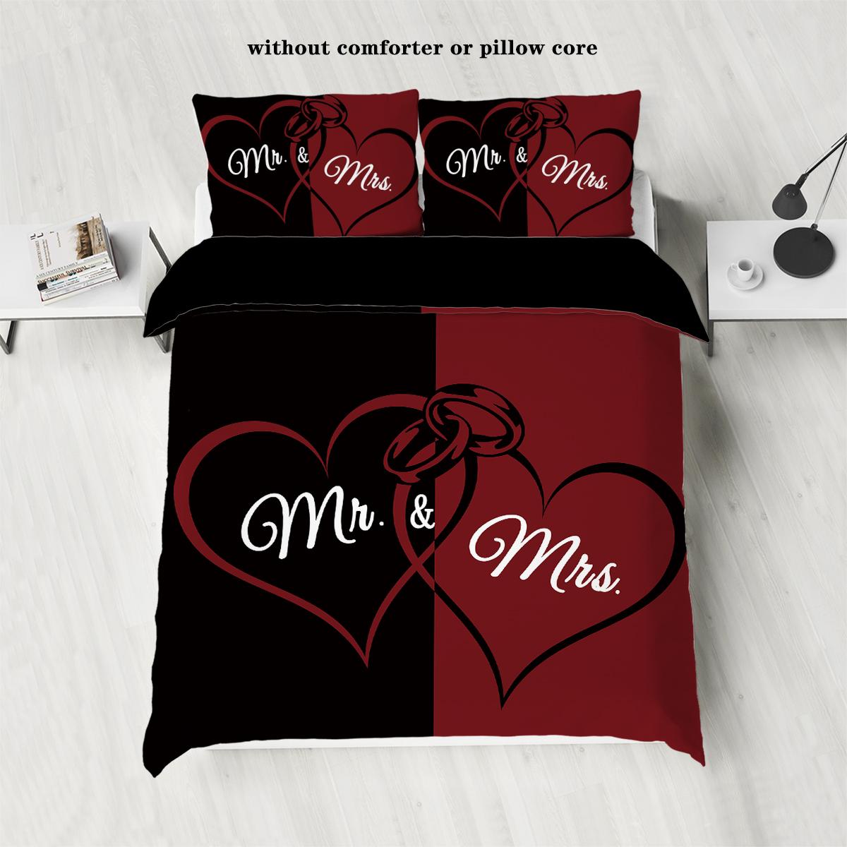 

3-piece down duvet cover set with black and red color matching heart print (1 duvet cover+2 pillowcases, no core) couple bedding 135x200cm-EU-Single