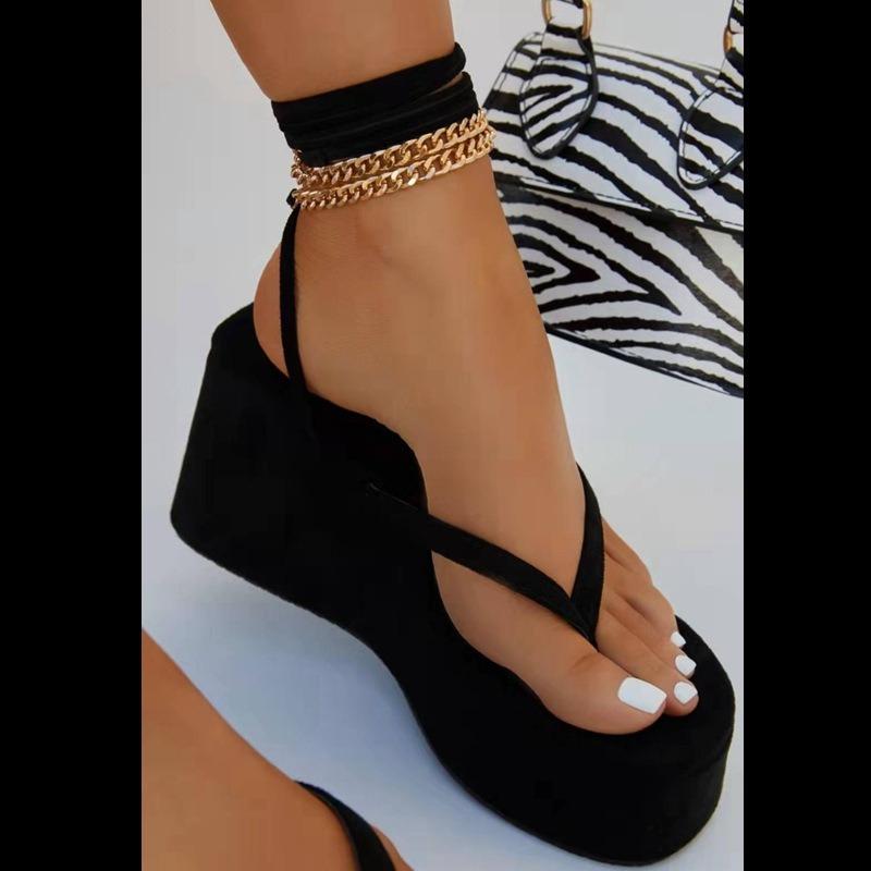 Women High Heel Sandals 8CM Wedge Platform Cross Strap Metal Chain Flip Flops Sexy Summer Street Party Casual Slippers Sandalias