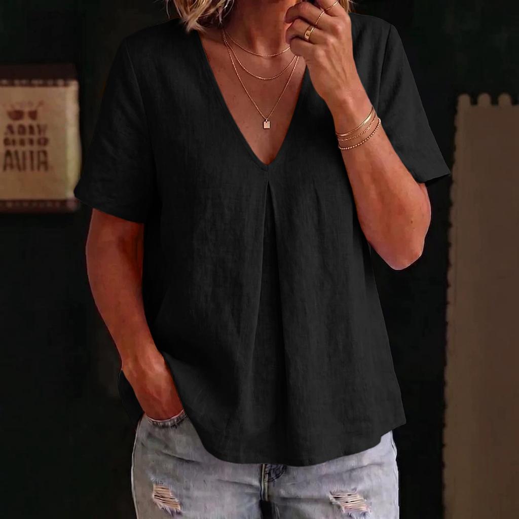 Women Casual V Neck Loose Fit Short Sleeve Blouse Lightweight Soft Fabric Comfortable Summer Top