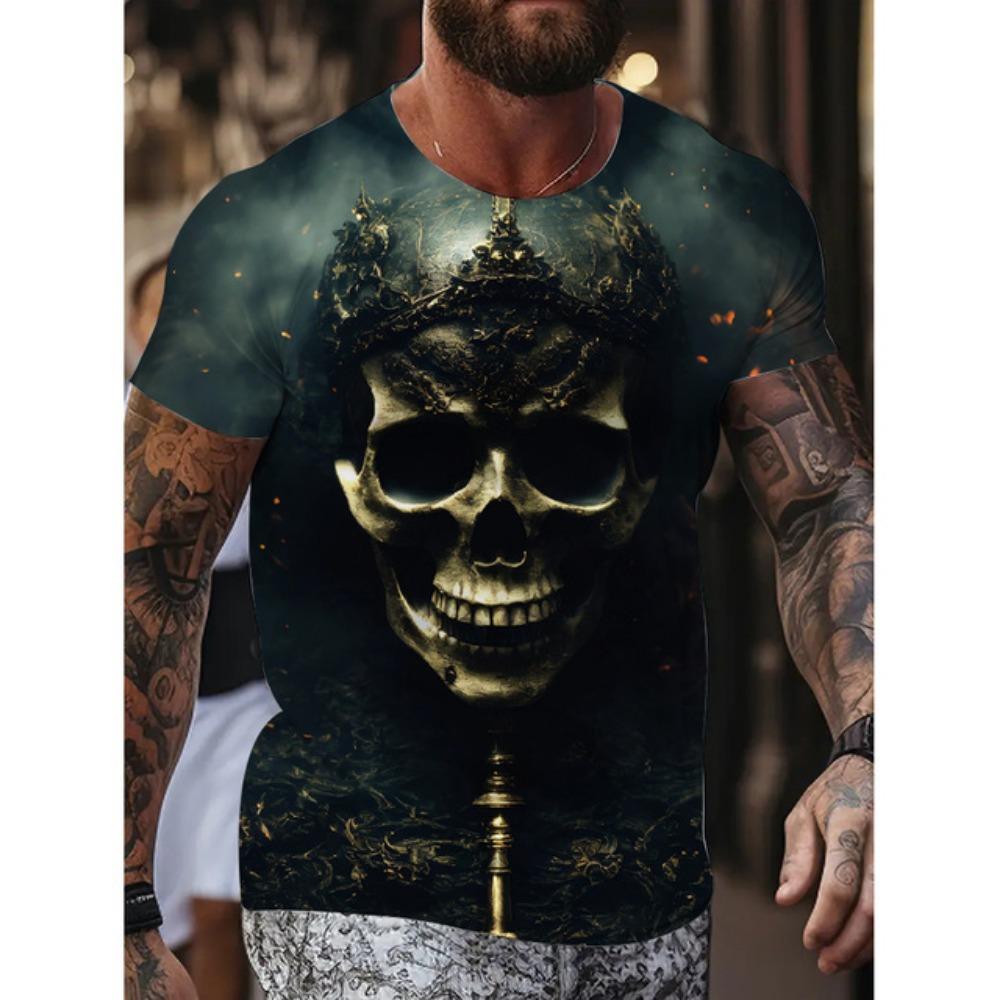 New Men's Fun Skull Pattern T Shirt Suit Mob Skull Print Short Sleeve Summer Casual Loose Round Neck T Shirt Breathable Top