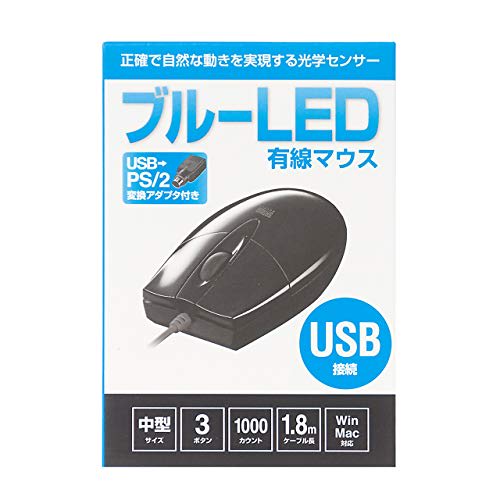 Sanwa Supply Wired Blue LED Mouse (USB-PS/2 Conversion Adapter Included) Black MA-BL3UPBKN