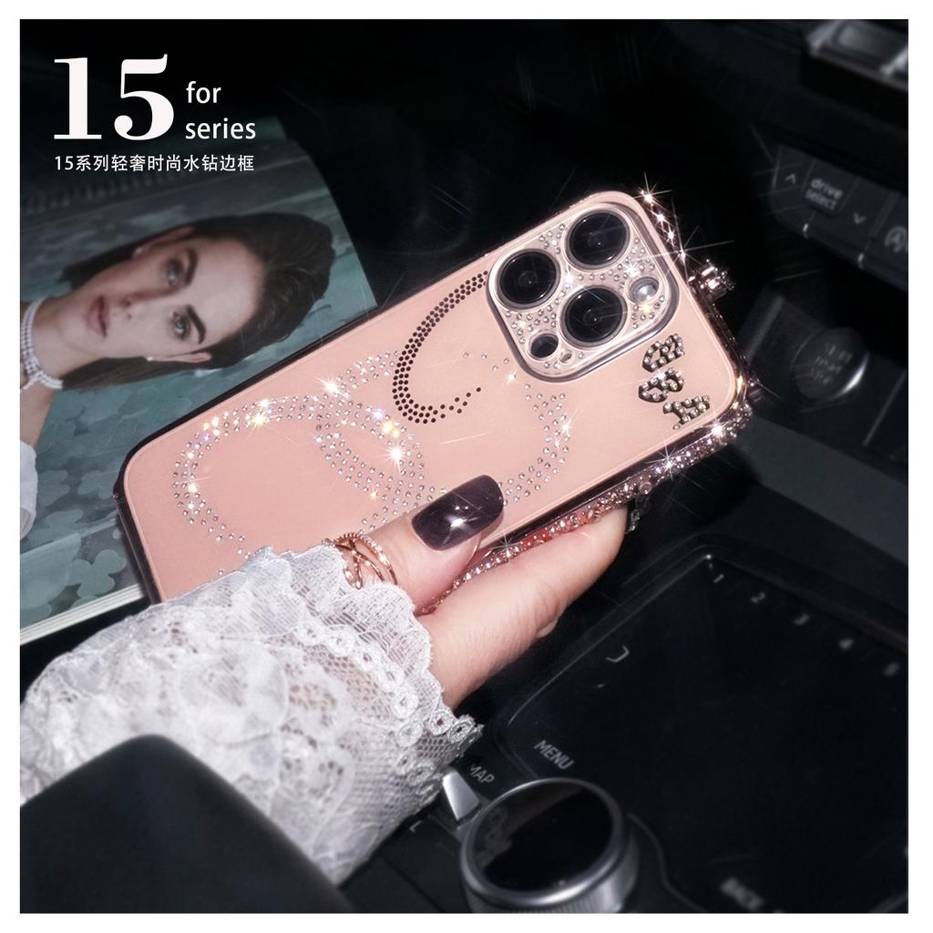 Colorful Diamond Border with Acrylic Material Lens Film Phone Case for iPhone 15 14 Plus 13 12 11 Pro Max XSMax 8 7 Plus Protective Cover