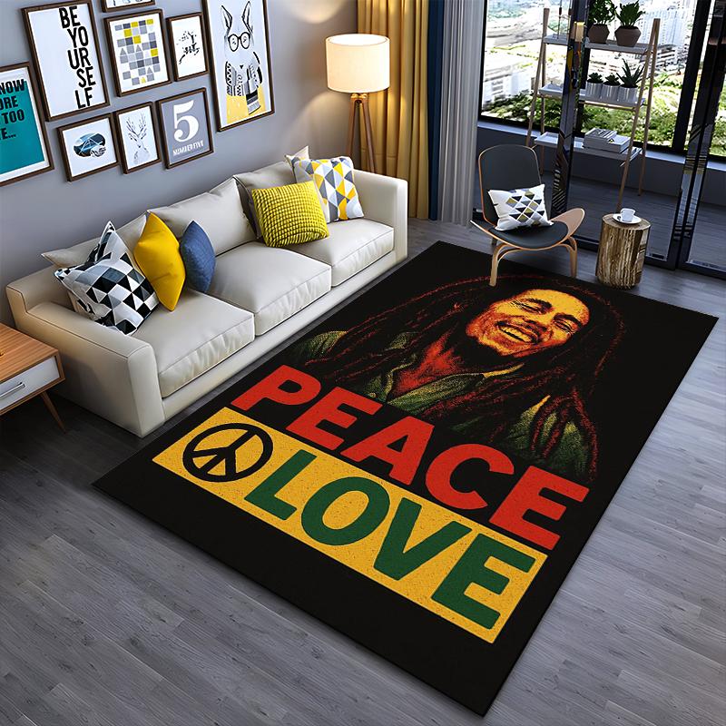 Reggae Music Area Rug, Bob Marley Peace Love Rasta Colours Black Background Print, Reggae Rasta Fan Decor, Non-Slip Mat