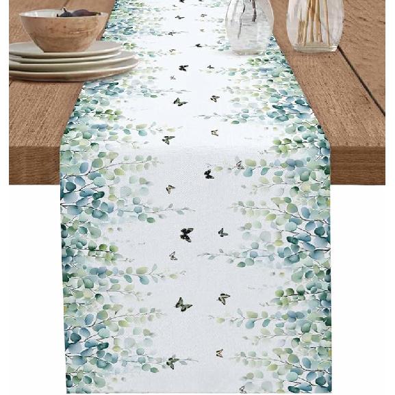 Table Runner 13x70 Inch Eucalyptus Leaves Sage Green Summer Burlap Non-Slip Washable Dresser Scarf for Party Kitchen Dinning Table Decor for Family 13 x70