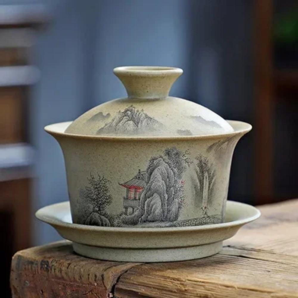 130ml Customized Coarse Pottery Gaiwan Antique Ceramic Tea Infuser Portable Beauty Tea Set Chinese with Lid Teacup Tea Bowl