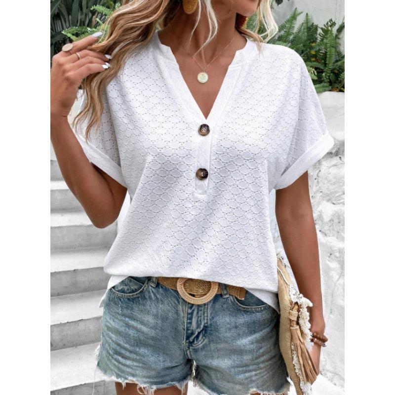 YYFS Women's Fashion Casual Summer Spring Solid Color Print Short Sleeve V-Neck Blouses & Shirts