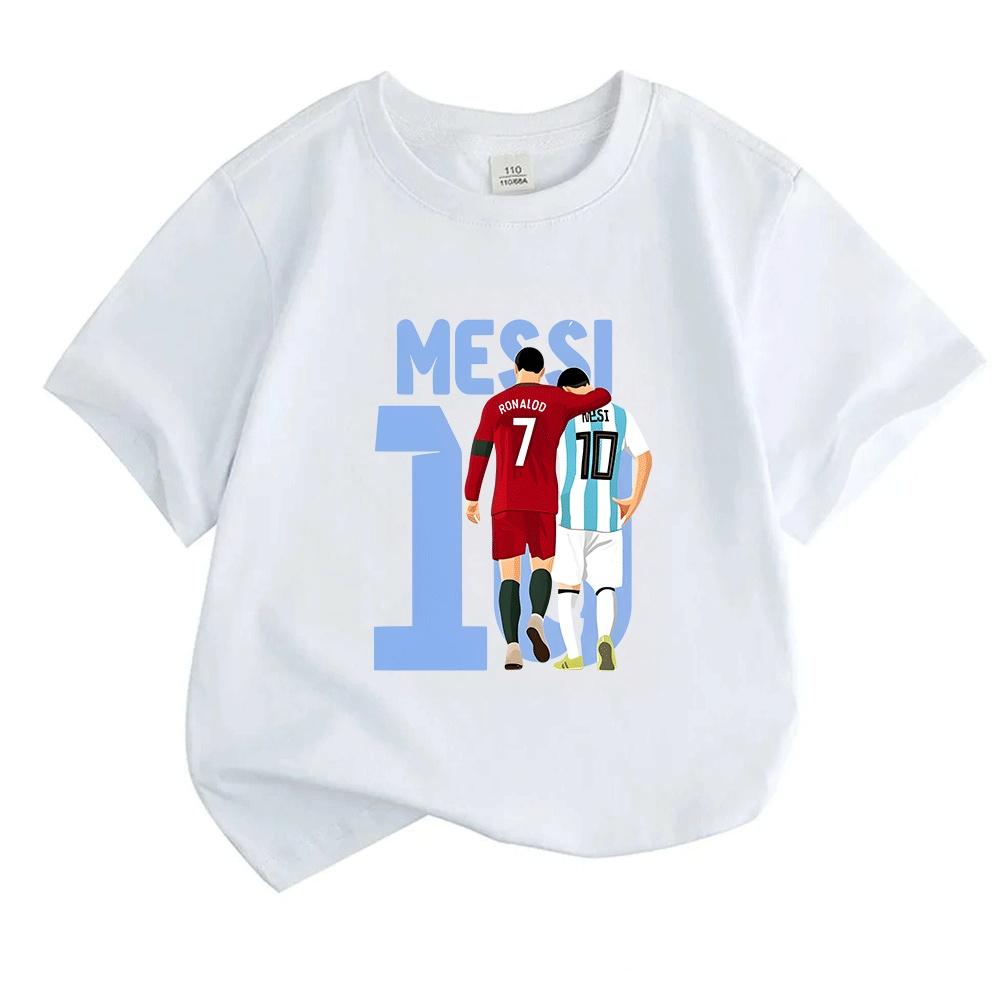 Kids Boys Girls Crew Neck Short Sleeve 100% Cotton T-Shirt, Football Stars Print Casual Soft Tees for Boys Girls Daily Wear Sport Tops for Children