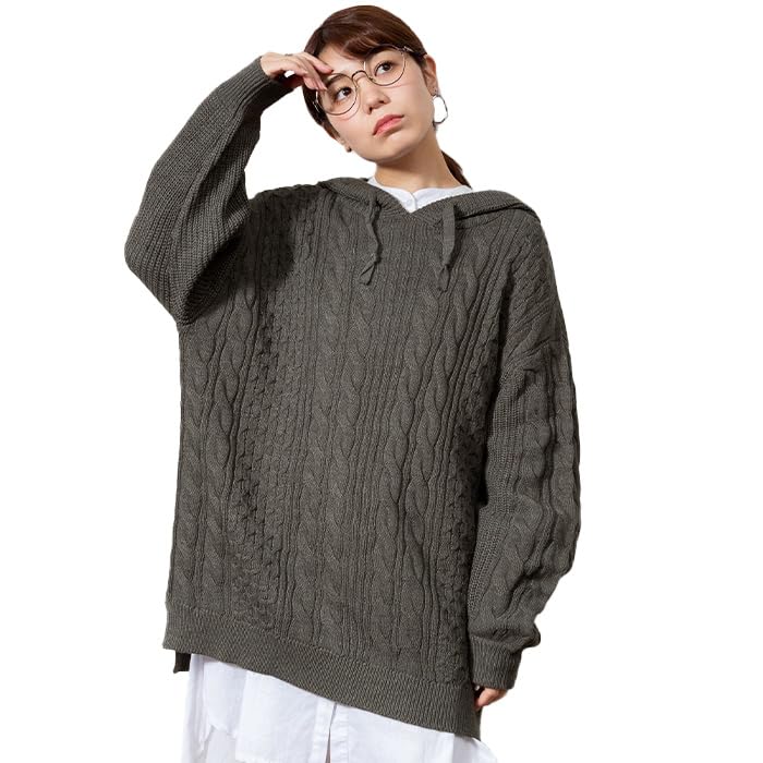 Cable Knit Heather ATN-0024 [At One] Women's Hoodie, Gray, LL-3L