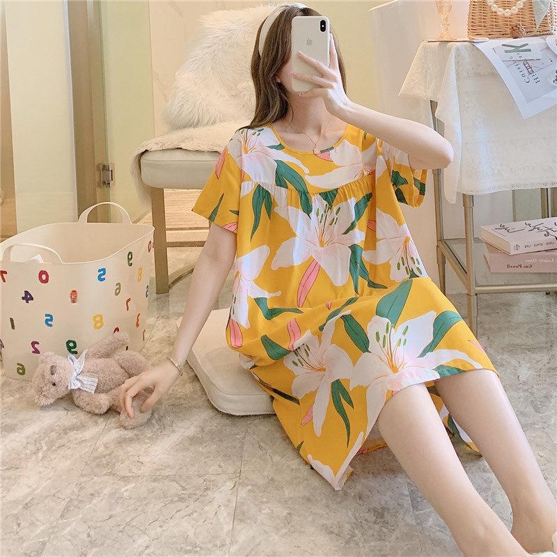 

Женская ночная рубашка из хлопка и шелка с мультяшным принтом — короткие рукава, легкая, летняя, пижама больших размеров для дома, весны и осени. One size (suitable for 85-155 lbs)