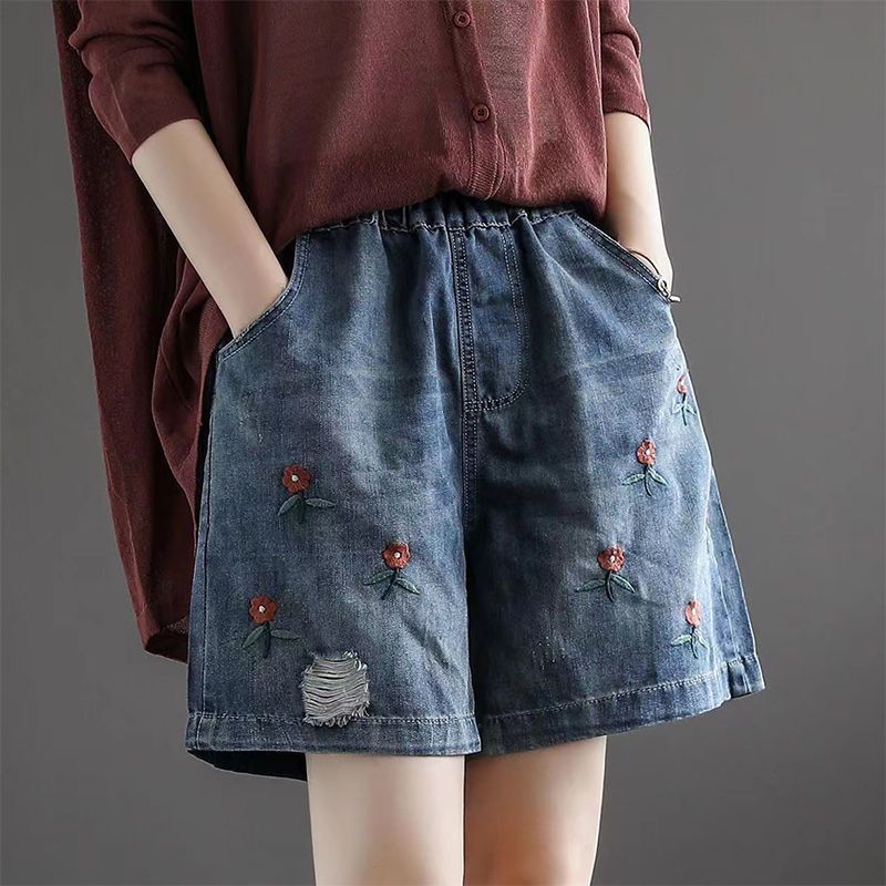 Women's Denim Shorts Summer Thin Style Large Size Loose High Waisted Embroidered Wide Leg Casual