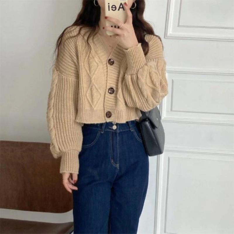 Lazy Autumn/Winter Women's Loose Knit V-neck Cardigan - Japanese Korean Style