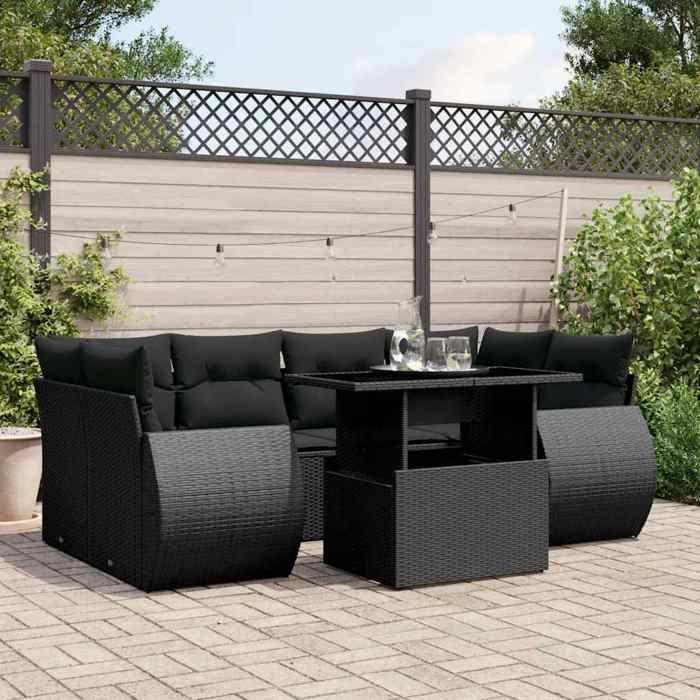 VidaXL Salon de jardin 7 pcs avec coussins noir résine tressée 3268385