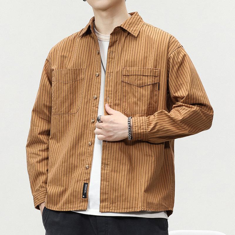 Men's Oversized Vertical Striped Long Sleeve Shirt - Casual Turn Down Collar Button Down with Chest Pockets