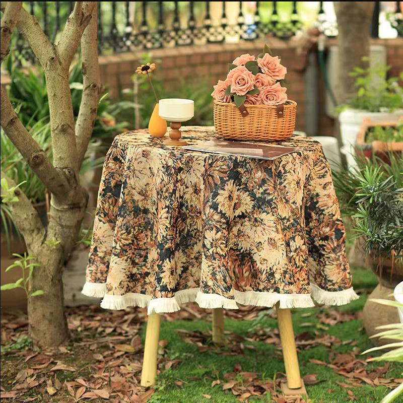 Vintage Round Tablecloth, Coffee Cotton Linen Florals Table Cloth, Anti-Wrinkle Decorative Tablecloths for Dining, Kitchen Wedding, Thanksgiving