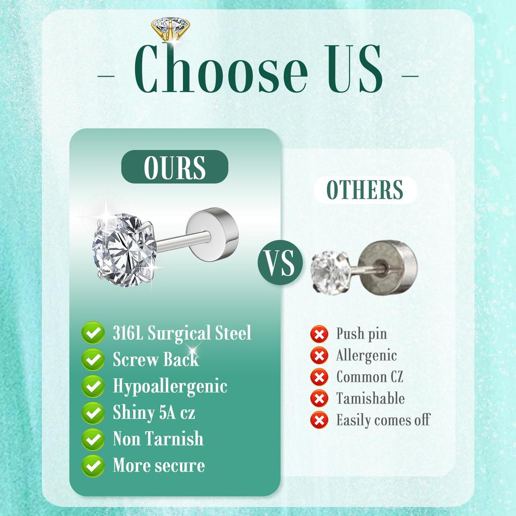 8 Pairs Hypoallergenic Stud Hoop Earrings Set for Women Men Surgical Steel Seamless Earrings,Dainty Small Flat Back Earrings