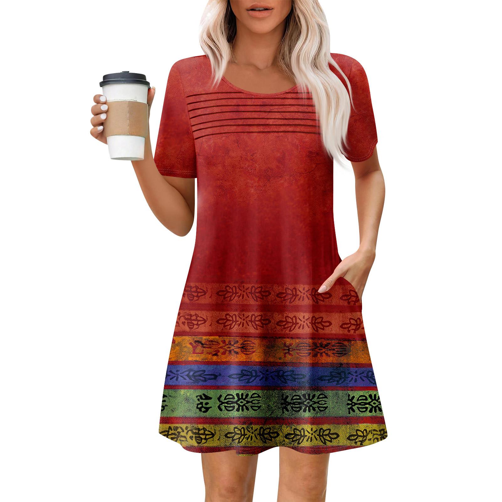 

Женские летние повседневные платья с круглым вырезом, плиссированные, с карманами, с принтом, с коротким рукавом XXL красный