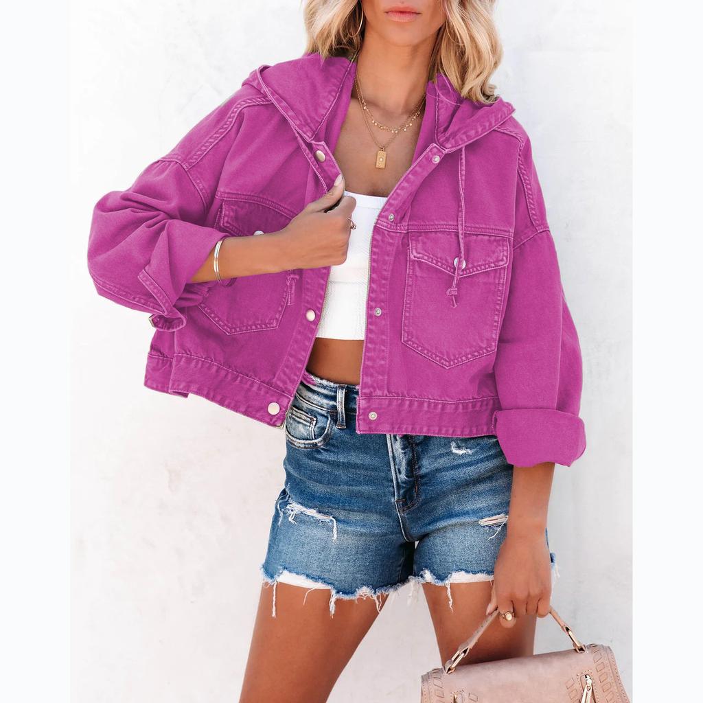 Módní bundy pro ženy Džínová bunda s kapucí Ženy Vintage Jean Kabáty Běžné Top oblečení S dlouhým rukávem Ženy Streetwear
