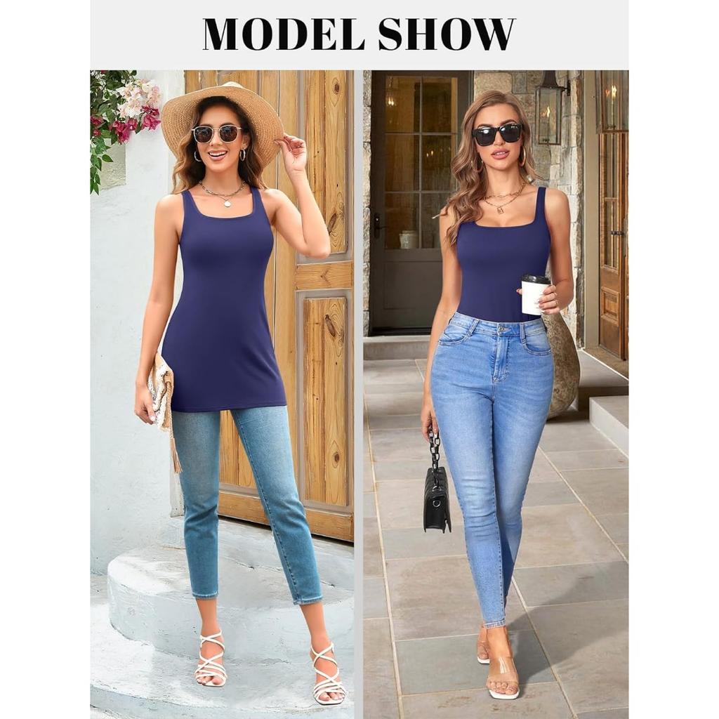 CHARMLEAKS Langes Tanktop für Damen mit Regal-BH, quadratischer Ausschnitt, breite Träger, Camisole, Sommer-Unterhemden aus Baumwolle