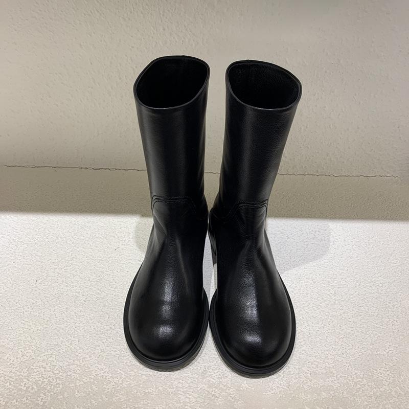 Sheepskin Version~ Korean Version of Niche Retro Round Head Medium Boots Women's Leather Knight Boots Big Head Martin Boots Low Heel Sleeve