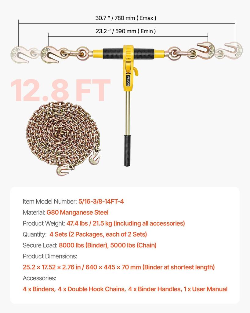 Ratchet Chain Binder, 5/16 In X 12.8 Ft G80 Chains, 8000 Lbs Working Load of Ratchet Load Binder, Chains and Binders Set, Tie Down Hauling Chain