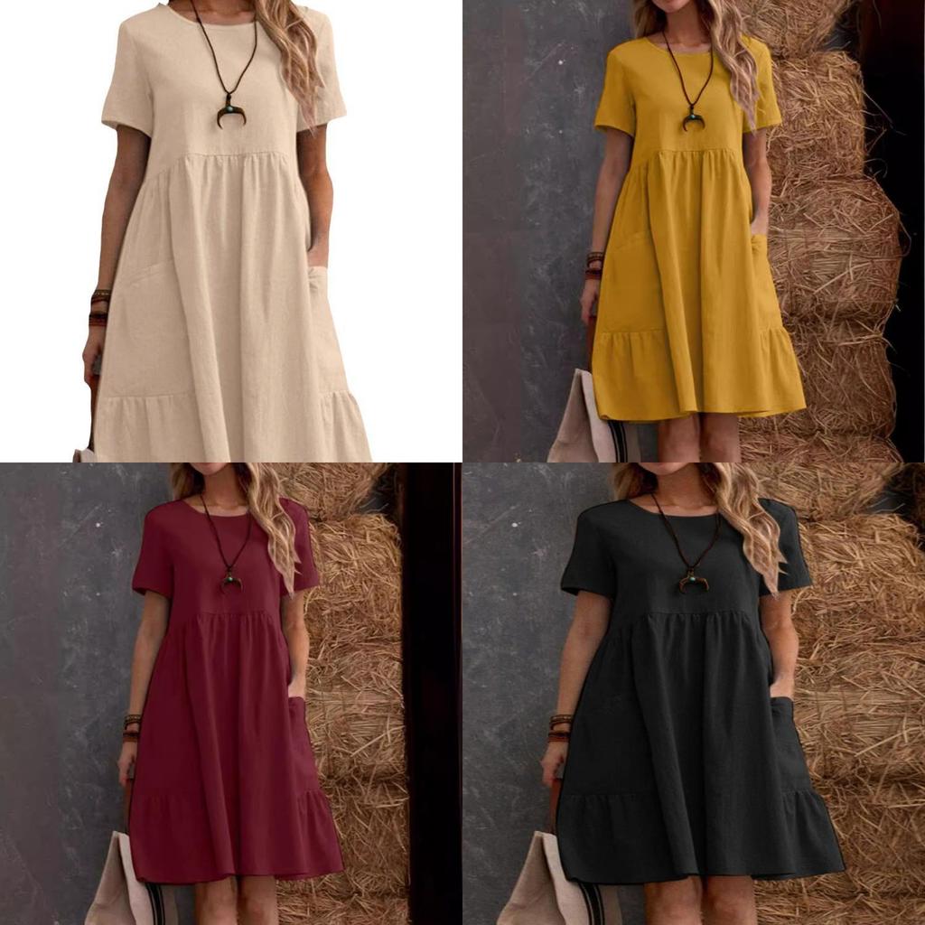 Vintage Cotton Linen Summer Dress With Pockets And Pleated Details For Women