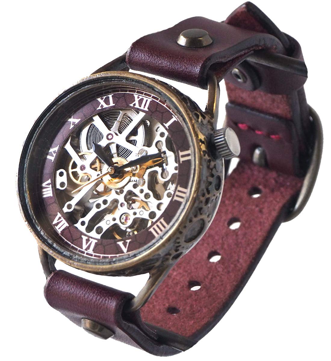 

KINO Handmade Watch Automatic Winding Skeleton Back Mechanic Silver Wine Brown Handmade Watch K-15-MSV-WI