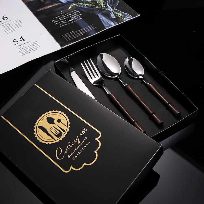 Wood Handle Tableware Set Korean Stainless Steel Cutlery Set Fork Knife Spoon Set High Quality Dinner Set Luxury Tableware Set