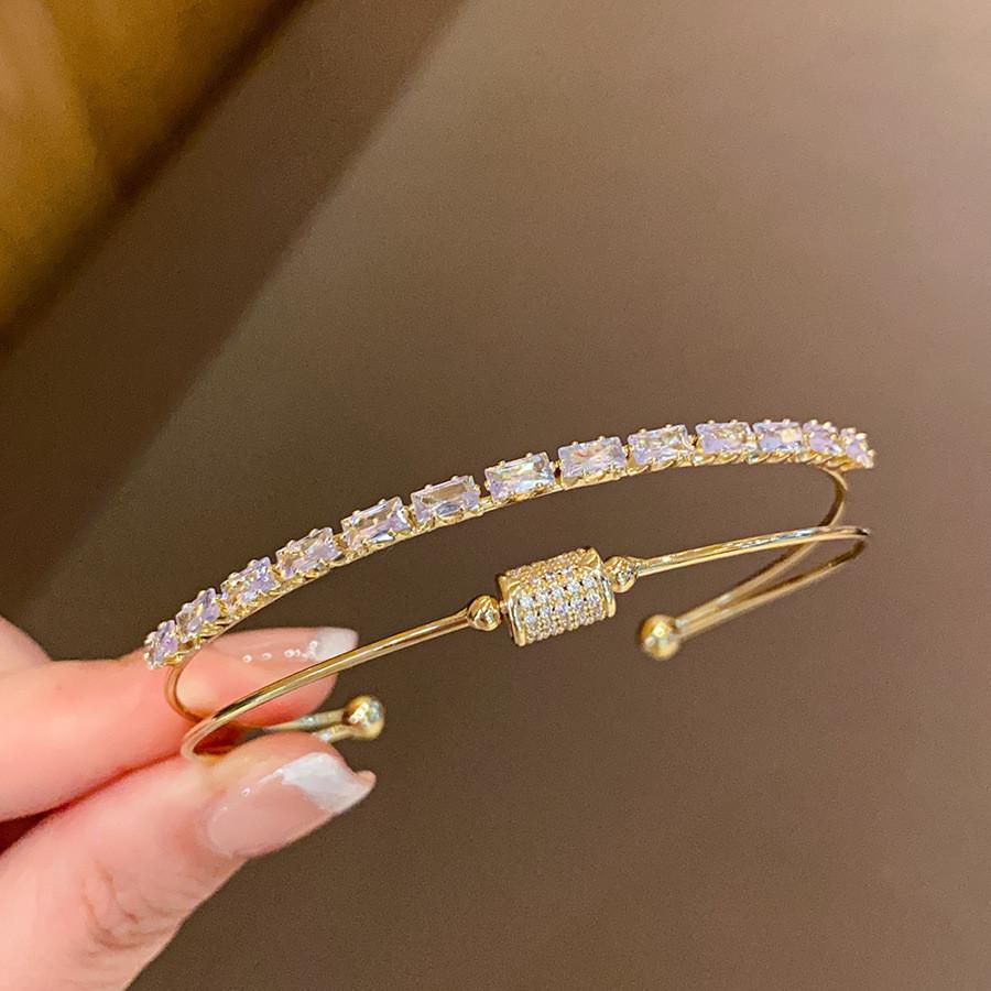 Geometric Zircon Square Bangle Bracelet With Cubic Zirconia For Elegant Office Wear Gold