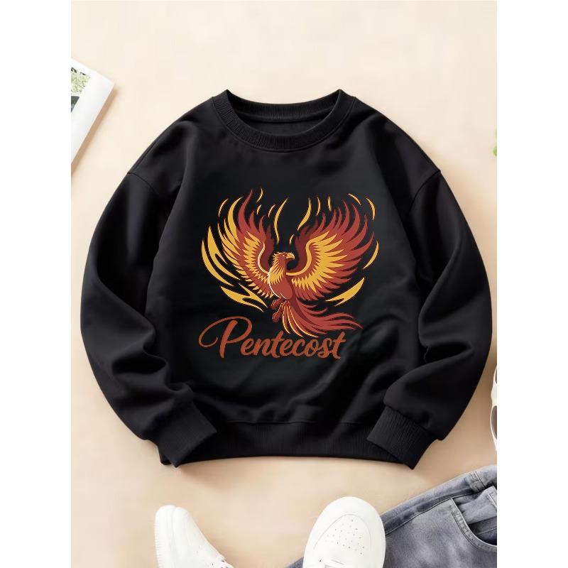 Kids Crewneck Long Sleeve Sweatshirt, Vibrant Pentecost Phoenix Print Top for Autumn Winter 110 чёрный