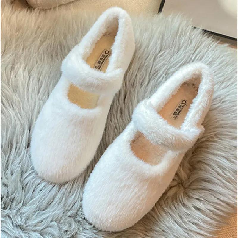 Fashion Autumn Winter Warm Fluffy Flat Shoes Women Comfort Round Toe Mary Jane Shoes Ladies Soft Cotton Shoes Loafers Zapatos De Mujer