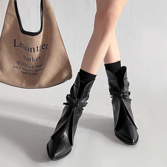 Fashion Bow Leather Boots Pointed High Heels Autumn and Winter Niche Design Sense Short Boots Comfortable Thick Heel Trousers Boots Women