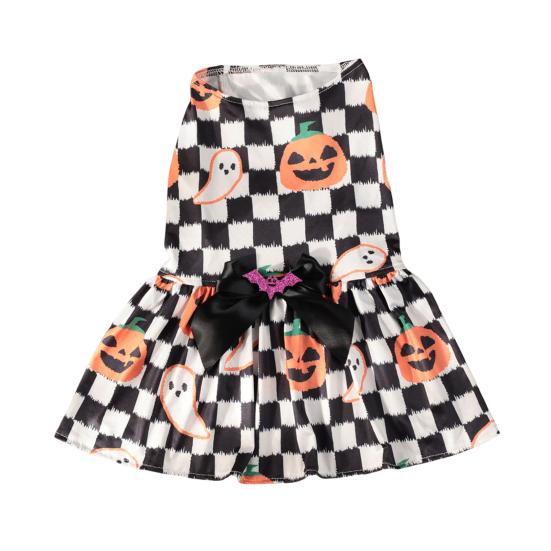 Soft Dog Dress Halloween Pet for Small Dogs, Pumpkin Ghost Print Sleeveless Costume, Satin Breathable Puppy Clothes, Cute Princess Outfit Party S B